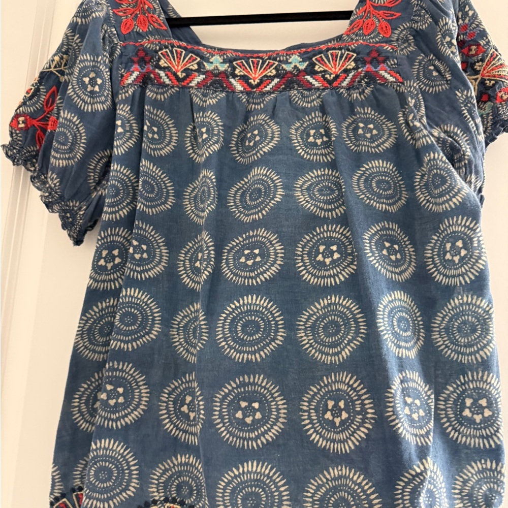 Johnny Was Blue Peasant Blouse with Red-Orange Embroidery - Picture 5 of 6